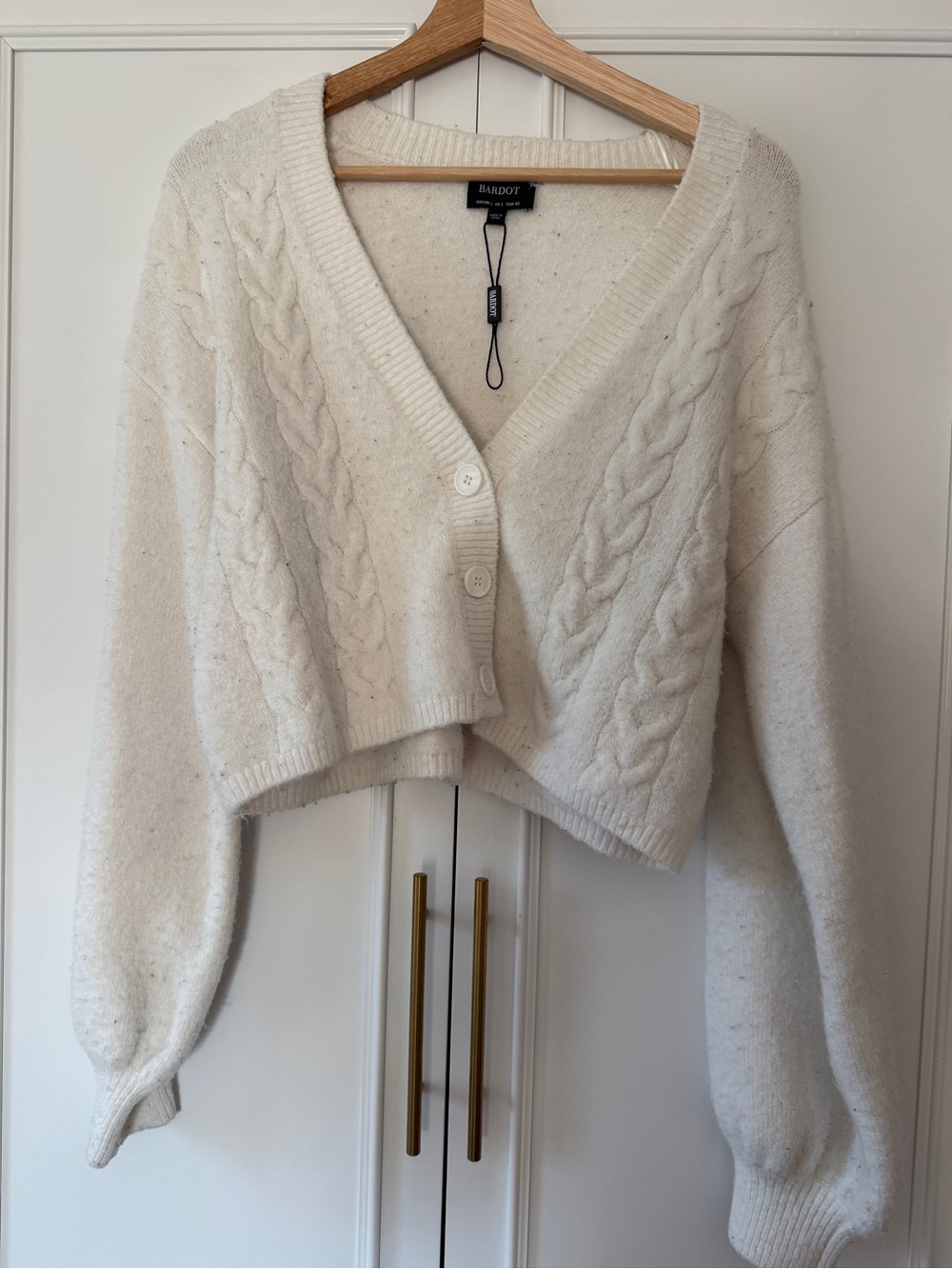 Bardot Cream Cable-Knit Cropped Button Cardigan